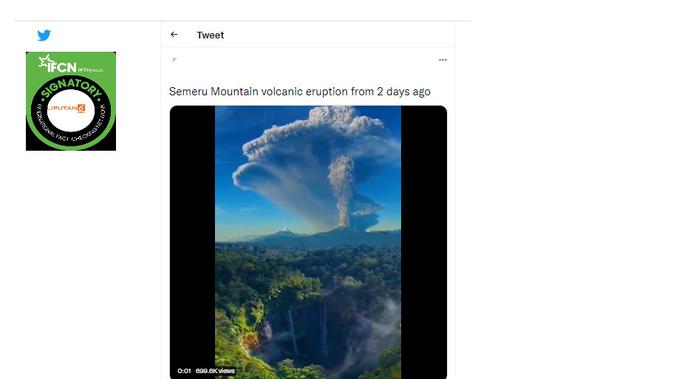 Cek Fakta Liputan6.com menelusuri klaim video erupsi Gunung Semeru disertai air terjun