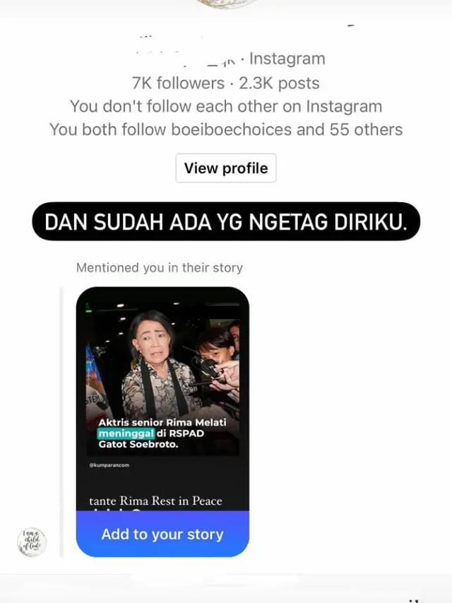 Unggahan Rima Melati Adams istri Marcell Siahaan soal kabar duka meninggalnya artis senior Rima Melati. (Instagram @rimamelati)
