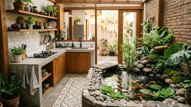 Desain Dapur Semi Outdoor dengan Kolam Ikan Mini