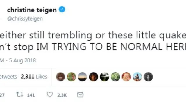 Kepanikan Chrissy Teigen saat gempa (© twitter.com/chrissyteigen)