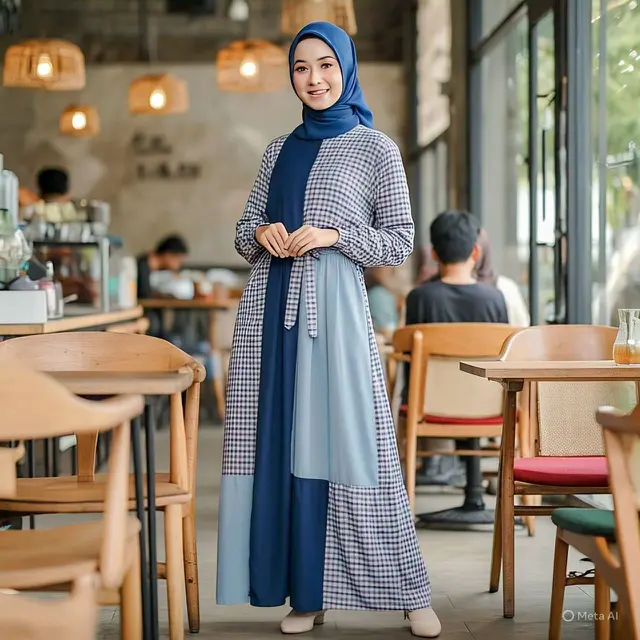 Outfit Gamis Kotak-Kotak Kombinasi Polos dan Tips Memilihnya/via Meta AI