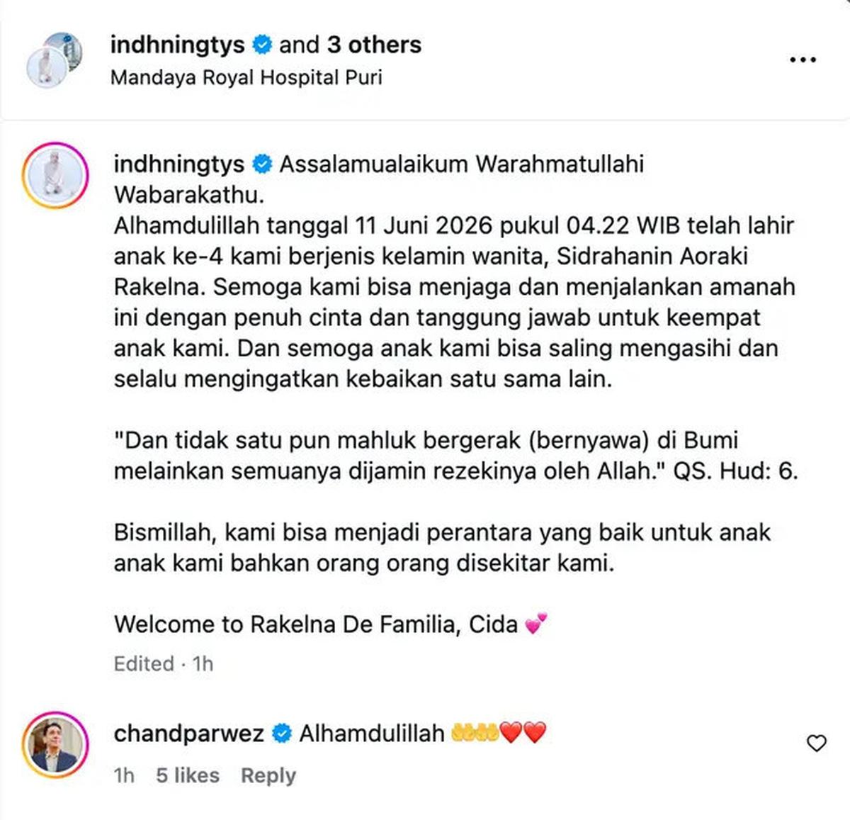 Rigen Rakelna Dikaruniai Anak Ke-4, Janji Jaga dengan Cinta dan Tanggung Jawab