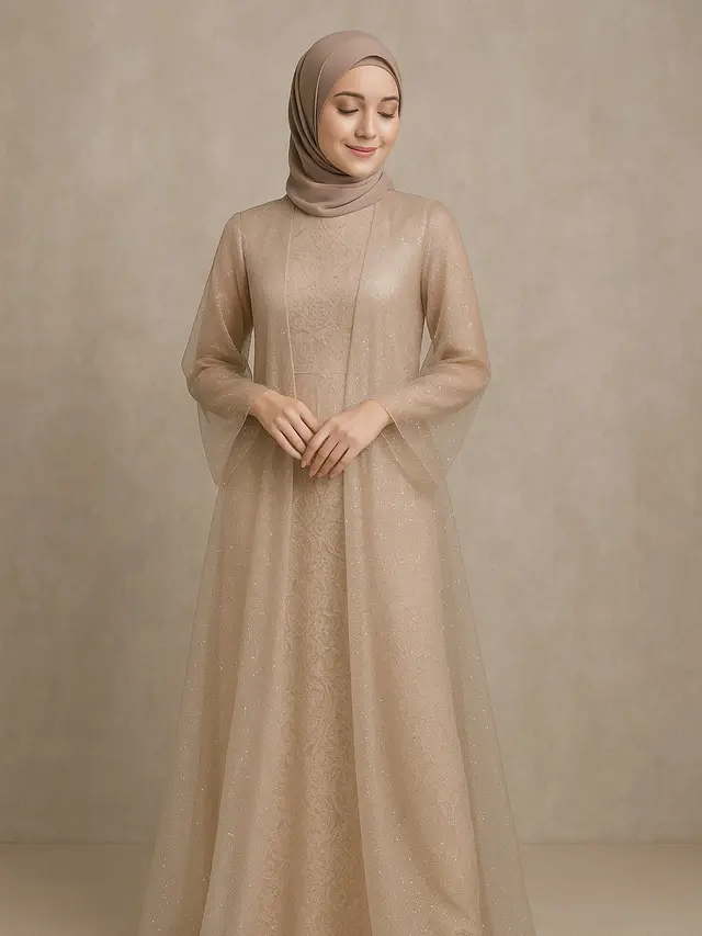 Model Long Dress Brokat Kombinasi Outer Organza Transparan