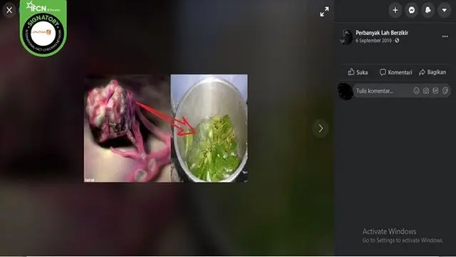 Gambar Tangkapan Layar Klaim Mengonsumsi Air Rebusan Daun Pepaya Muda, Daun Cermai Muda, Bayam Merah, dan Daun Belimbing Bisa Menyembuhkan Tumor dalam 24 Jam (sumber: Facebook)