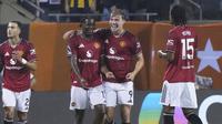Skuad Manchester United merayakan gol Patrick Dorgu ke gawang Bournemouth (AP Photo/Nam Y Huh)
