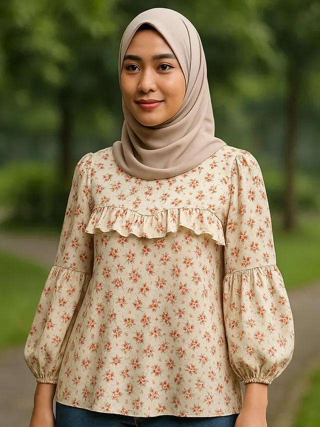7 Model Tunik Motif Bunga Kecil Lengan Bishop, Bikin Tampilan Feminin dan Anggun di Segala Acara