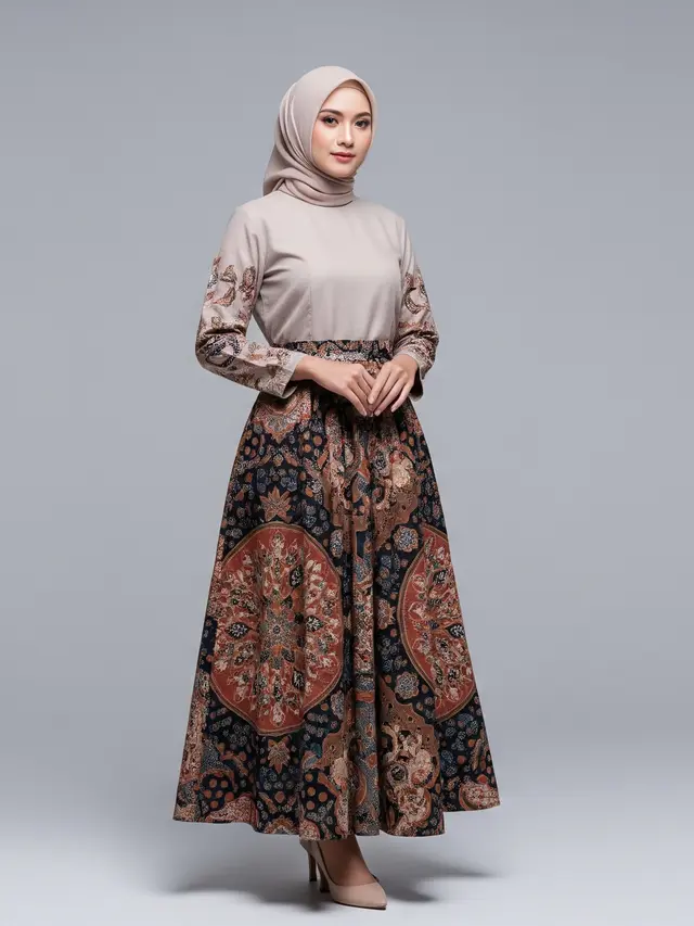 Atasan Batik Kombinasi Polos dengan Rok Motif Etnik