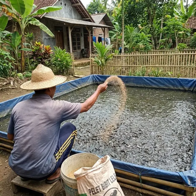 Memberi makan ikan lele usia 20 harian (Gemini AI)