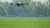 Sebuah drone terbang menyemprotkan pupuk saat panen padi di Desa Ngadirejo, Trenggalek, Jawa Timur, Kamis (03/2/2022). Program ‘Better Life Farming’ menargetkan pemberdayaan kepada 4 juta petani hingga tahun 2030 di seluruh Indonesia. (Liputan6.com/HO/Bayer)