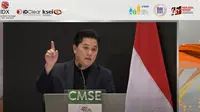 Menteri BUMN sekaligus Ketua Yayasan Bakti Sepak Bola Indonesia Erick Thohir beri sambutan di acara CMSE 2023, Inspirational Talk: Berinvestasi untuk Berprestasi di BEI, Sabtu (28/10/2023). (Foto: tangkapan layar/Agustina Melani)