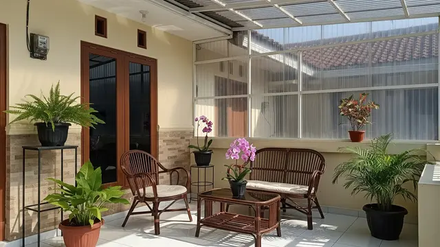 Desain Teras Sederhana Tanpa Terlihat Sempit, Cocok untuk Santai Sambil Ngeteh di Rumah Semi Terbuka dengan Kanopi Transparan
