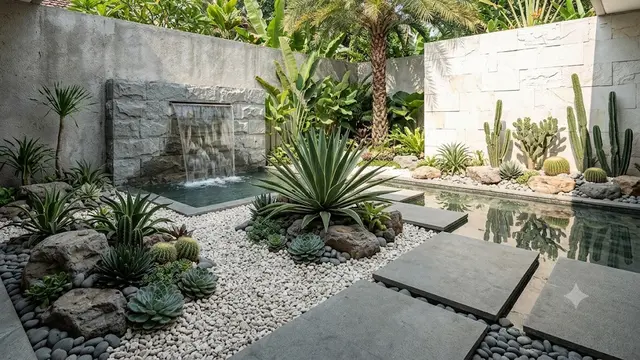 Taman Kering Minimalis dengan Kaktus di Halaman Depan