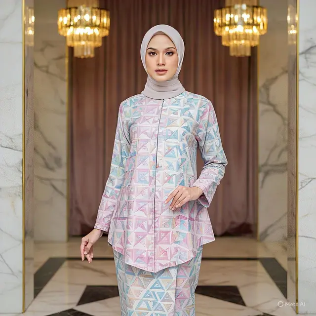 Gamis Batik Tumpal Kombinasi Polos