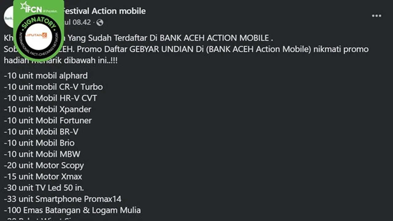 Gambar tangkapan layar klaim tentang Bank Aceh bagi-bagi hadiah mobil hingga paket umroh dengan mengisi tautan tertentu. (sumber: Facebook)