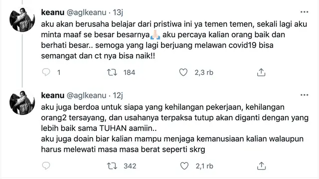 Permintaan maaf Keanu AGL. (Foto: Dok. Twitter @aglkeanu)