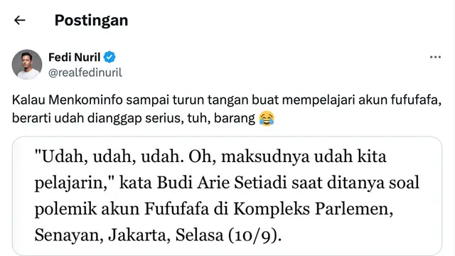 Cuitan Fedi Nuril. (Foto: Dok. Twitter @realfedinuril)