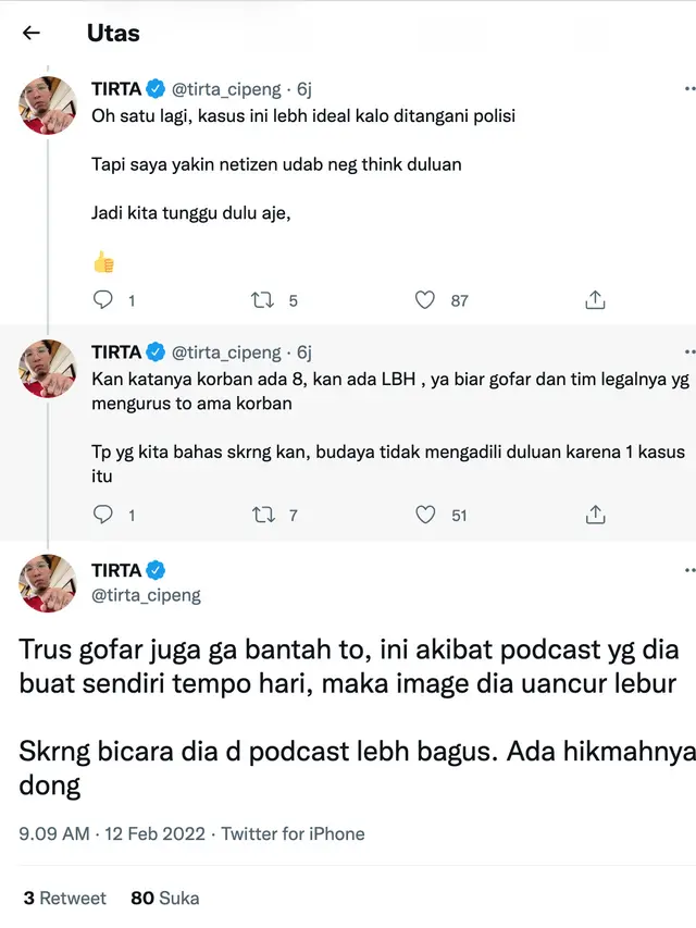 Cuitan dokter Tirta soal Gofar Hilman. (Foto: Dok. Twitter @tirta_cipeng)