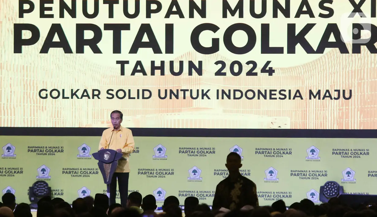 Presiden Joko Widodo atau Jokowi sangat senang dapat menghadiri Musyawarah Nasional (Munas) XI Partai Golkar. (Liputan6.com/Herman Zakharia)