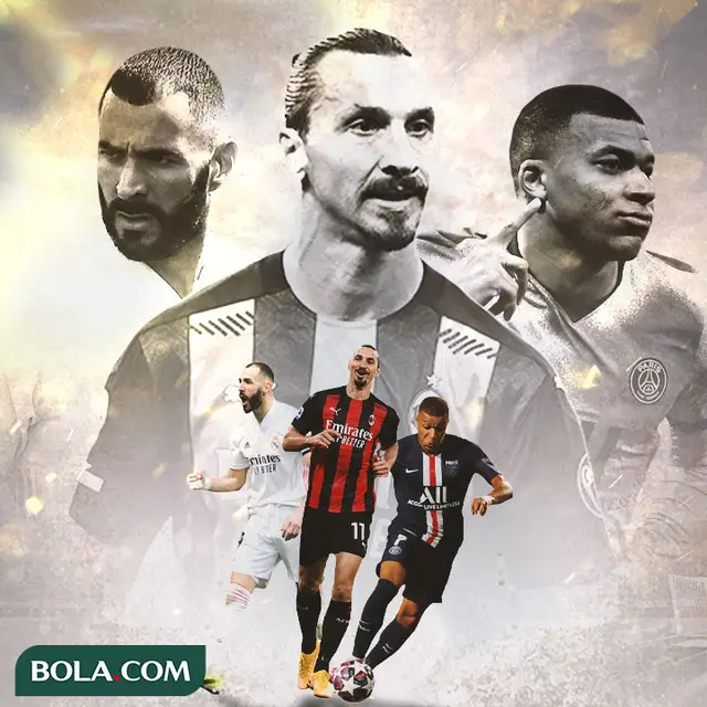 Ilustrasi - Karim Benzema, Zlatan Ibrahimovic, Kylian Mbappe