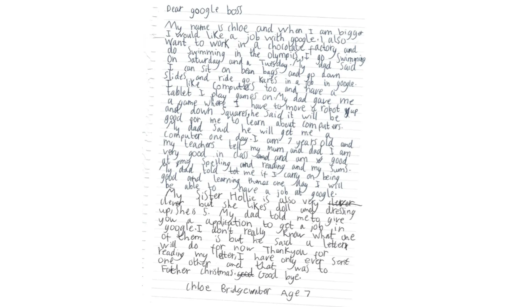 Surat lamaran Chloe Bridgewater untuk bekerja di Google (Sumber: Business Insider)