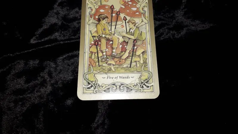 Five of Wands, kartu yang terbuka dalam Tarot Hari Ini Jumat, 21 September 2018. (Foto: Elisabet Kusumodewi)