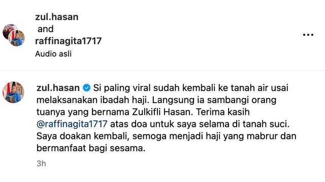 Cuitan Zulkifli Hasan. (Foto: Dok. Instagram @zul.hasan)