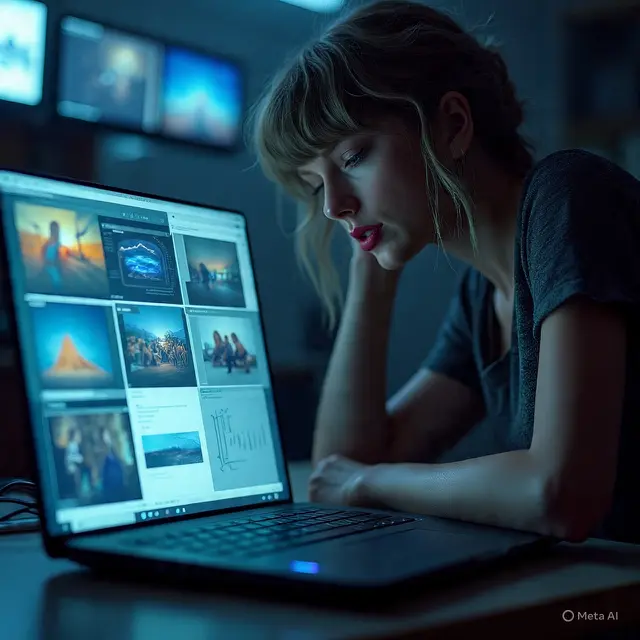 Ilustrasi Taylor Swift depresi di depan laptop.