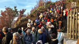 Wisatawan memadati tangga Bukit Cinta usai melihat sunrise matahari di Kecamatan Tosari, Pasuruan, Jawa Timur, Sabtu (4/11). Bukit ini menjadi alternatif wisatawan untuk melihat sunrise matahari. (Liputan6.com/Fery Pradolo)