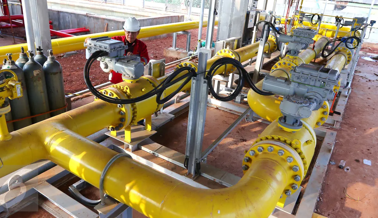 Pekerja mengontrol pengerjaan pipa gas open access di Desa Segaramakmur, Tarumajaya, Kabupaten Bekasi, (8/8).Pipa berdiameter 24 inchi ini ditanam 20 meter di bawah permukaan tanah. (Liputan6.com/Angga Yuniar)