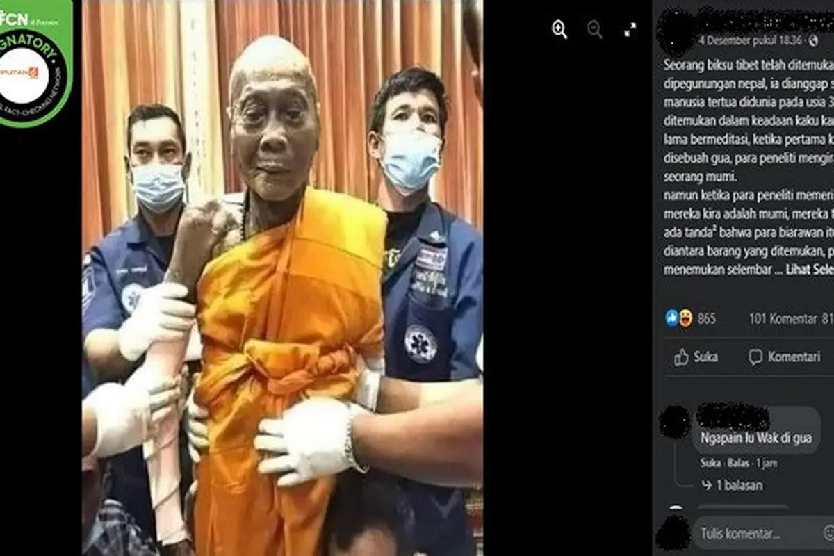 Gambar Tangkapan Layar Foto yang Diklaim Biksu Tertua Asal Tibet Berusia 396 Tahun (sumber: Facebook).