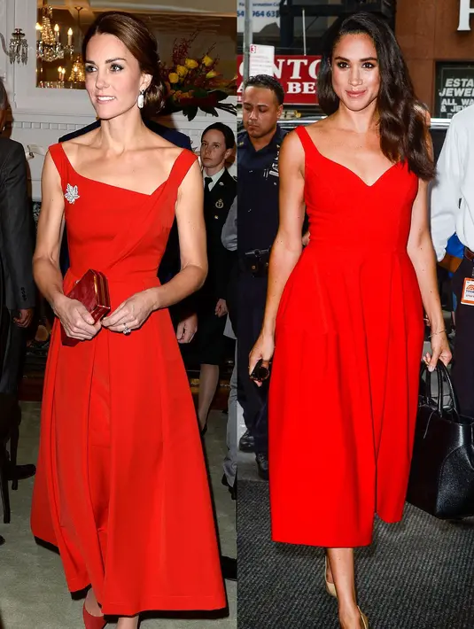 Dengan gaun merah panjang di bawah lutut, Kate Middleton dan Meghan Markle sama-sama terlihat cantik ya! (GETTY IMAGES/Cosmopolitan)
