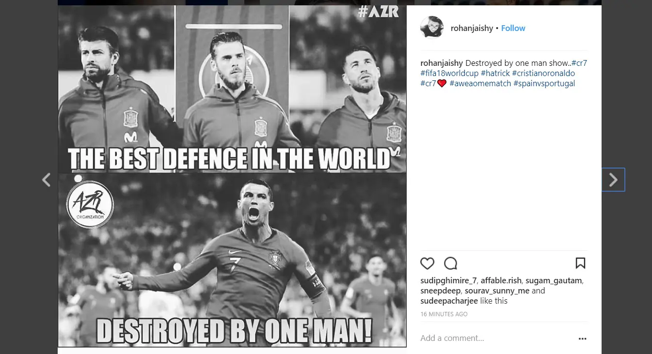 Meme Cristiano Ronaldo setelah cetak tiga gol dalam pertandingan Piala Dunia Portugal lawan Spanyol (Instagram @rohanjaishy)
