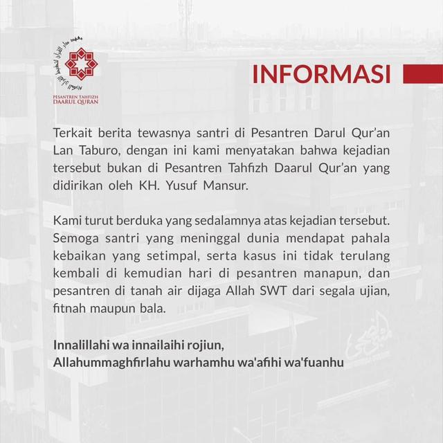 Klarifikasi pihak Ponpes Darul Qur'an soal ada santri tewas akibat dikeroyok 12 temannya. (Foto: Dok. Instagram @yusufmansurnew)