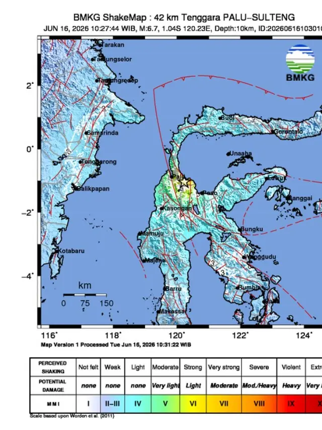 Gempa bumi dengan magnitudo 6,7 mengguncang wilayah Tenggara Palu, Sulawesi Tengah, pada Selasa (16/6/2026). (Dok. BMKG)
