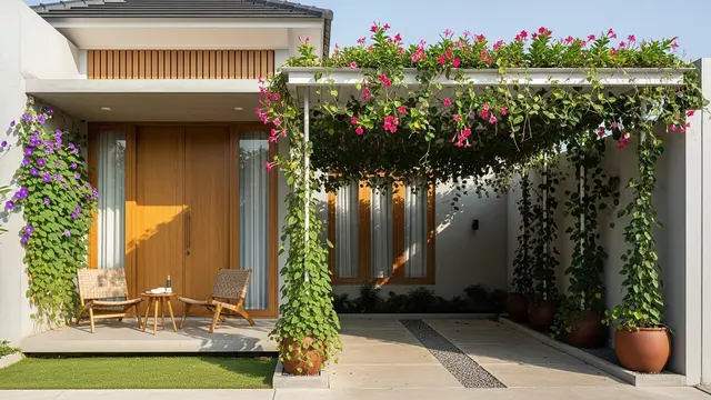 Desain Teras Sekaligus Carport dengan Tanaman Rambat