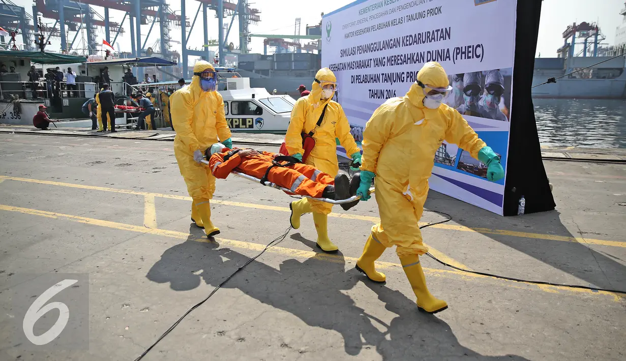 Petugas menandu seorang saat simulasi PHEIC di Tanjung Priok, Jakarta(14/4). Penanggulangan PHEIC bertujuan untuk meningkatkan pengetahuan dan kemampuan para stakeholder dalam mendeteksi dan merespon apabila terjadi PHEIC. (Liputan6.com/Faizal Fanani)