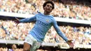 Pemain Manchester City, Leroy Sane merayakan golnya ke gawang Stoke City pada lanjutan Premier League di Etihad Stadium, Manchester, (14/10/2017). City menang 7-2. (Mike Egerton/PA via AP)