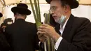 Pria Yahudi ultra-Ortodoks memeriksa buah jeruk etrog yang akan digunakan dalam ritual Sukkot di Yerusalem, Senin (20/9/2021). Ritual Sukkot merupakan perayaan pengucapan syukur bagi Israel atas hasil panen. (AP Photo/Maya Alleruzzo)