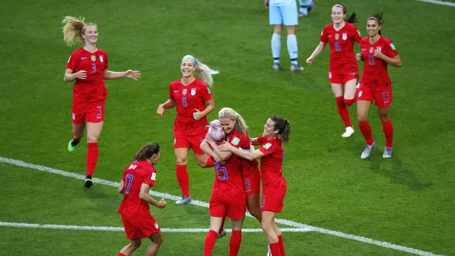 Timnas Wanita Amerika Serikat (AS) menang 13-0 atas Thailand pada babak penyisihan grup F Piala Dunia Wanita 2019 (AP Photo/Francois Mori)