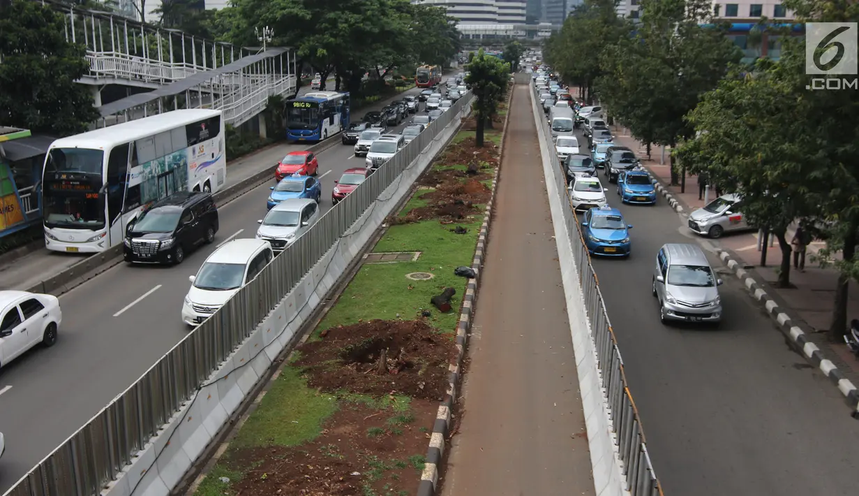 Sejumlah pohon di kawasan Sudirman terlihat telah direlokasi oleh Pemprov DKI Jakarta, Jumat (9/3). Jumlah pohon terdampak penataan ulang trotoar  yang akan dipindah terdiri dari sisi barat 228 pohon, dan sisi timur 302 pohon. (Liputan6.com/Arya Manggala)