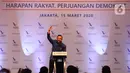 Ketum Partai Demokrat  Agus Harimurti Yudhoyono memberikan pidato usai terpilih secara aklamasi, Jakarta, Minggu (15/3/2020). Keputusan diambil setelah sidang paripurna melakukan verifikasi dan menyatakan AHY memenuhi persyaratan jadi ketum di Kongres V Partai Demokrat. (Liputan6.com/Angga Yuniar)