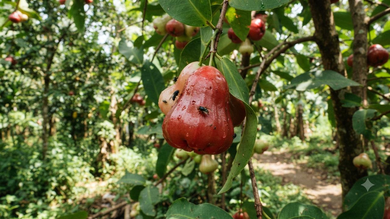Buah jambu air yang dihinggapi lalat