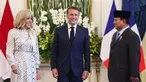 Presiden Republik Indonesia Prabowo Subianto (kanan) menerima Presiden Prancis Emmanuel Macron dan istrinya Brigitte Macron di Istana Merdeka, Jakarta, Rabu 28 Mei 2025. (Ludovic MARIN/AFP)