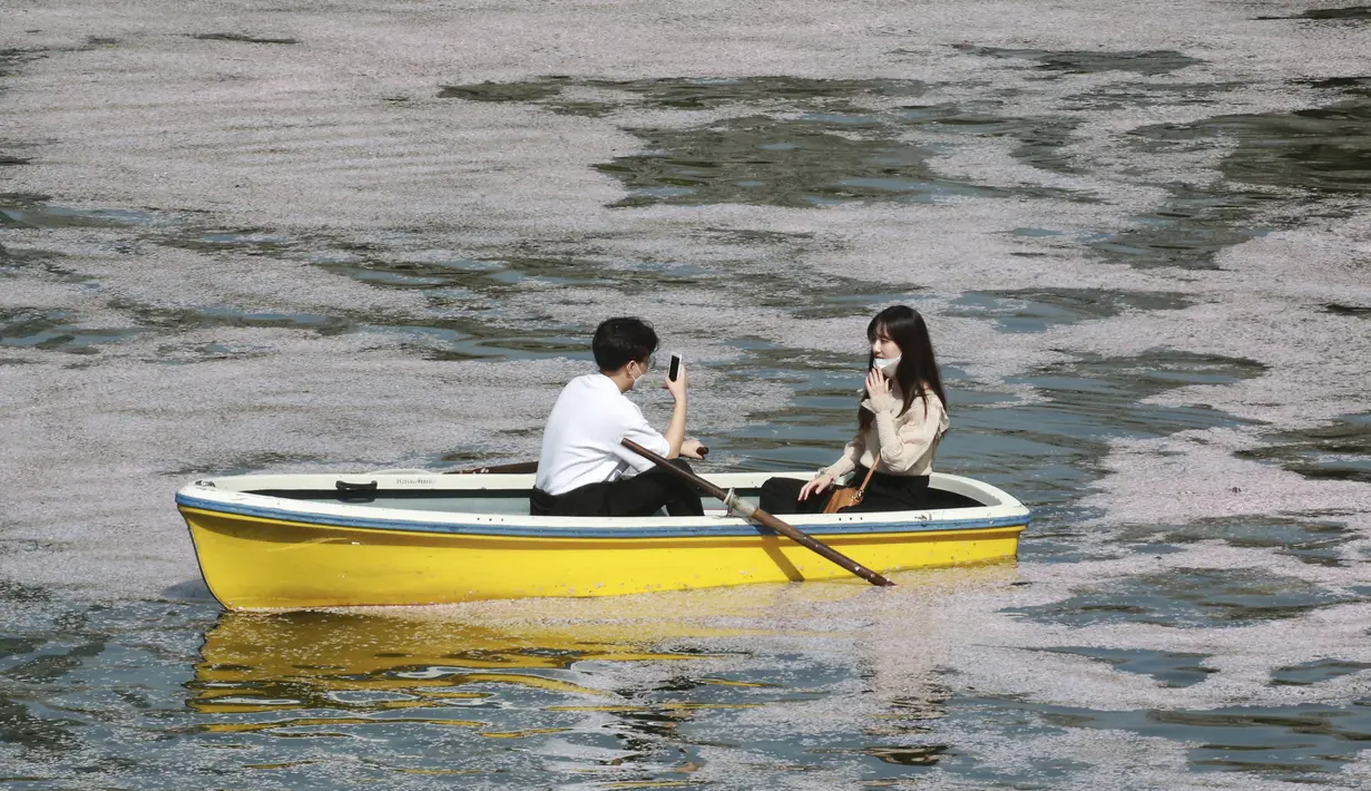Orang-orang yang memakai masker menikmati mekarnya bunga sakura dari perahu dayung di Tokyo, Senin (29/3/2021). Menyaksikan sakura dari atas perahu dayung sambil menyusuri aliran sungai memberikan pengalaman berbeda. (AP Photo/Koji Sasahara)