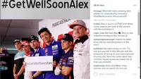 Para pebalap MotoGP memberikan dukungan kepada Alex de Angelis supaya cepat pulih setelah mengalami kecelakan parah di Motegi.