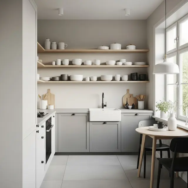 Dapur Kecil dengan Rak Terbuka dan Warna Netral (Image by Gemini AI)