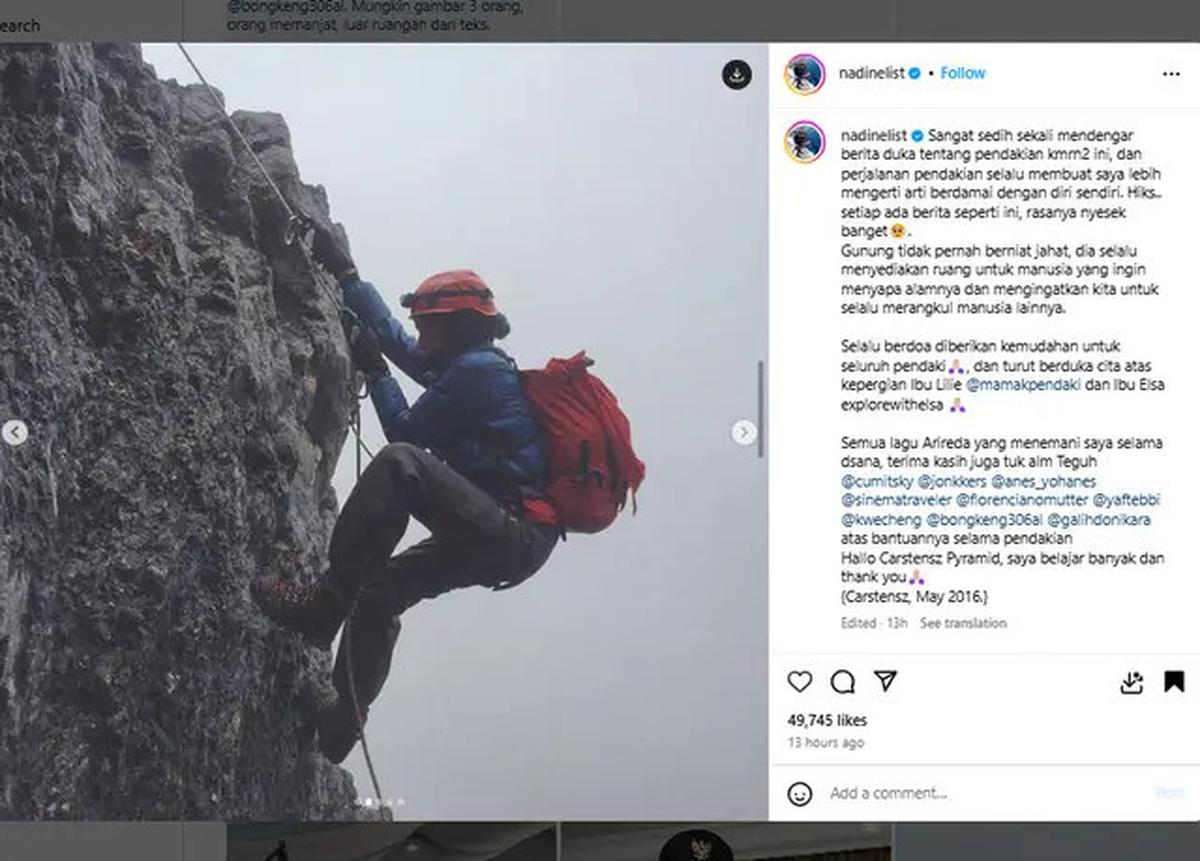 Nadine Chandrawinata soal Duka dan Kenangan Mendaki Carstensz: Gunung Tak Pernah Berniat Jahat