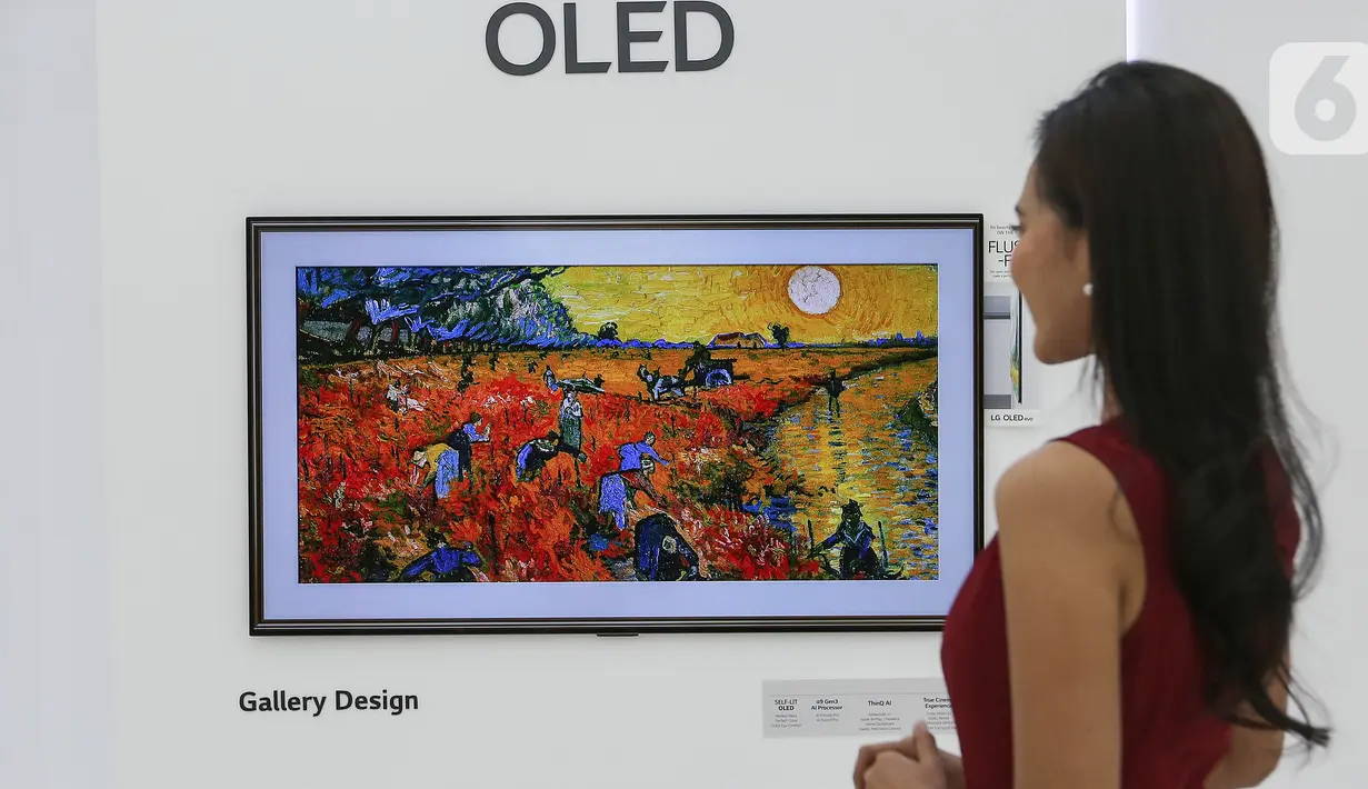 Sebuah lukisan ditampilkan dalam LG TV Oled evo di Jakarta, Selasa (25/05/2021). LG Electronics Indonesia mulai meningkatkan kemampuan reproduksi visual dan desain produk dalam koleksi TV premium dengan menyajikan empat pilar yaitu yaitu Sharp, Speedy, Smooth dan Slim. (Liputan6.com/Fery Pradolo)