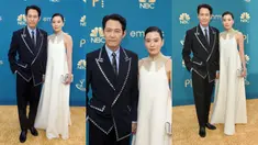 Awak serial Netflix-asli hit 'Squid Game' tiba dengan penuh gaya di acara karpet merah menjelang '74th Primetime Emmy Awards'. Pertama, aktor utama Lee Jung Jae muncul di karpet merah bergandengan tangan dengan pacarnya Lim Se Ryung (Kolase AP Photo dan AFP)