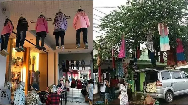 Potret nyeleneh toko baju memajang dagangannya. (sumber: Reddit/Agent_Orange7 / Instagram @sukijan.id)